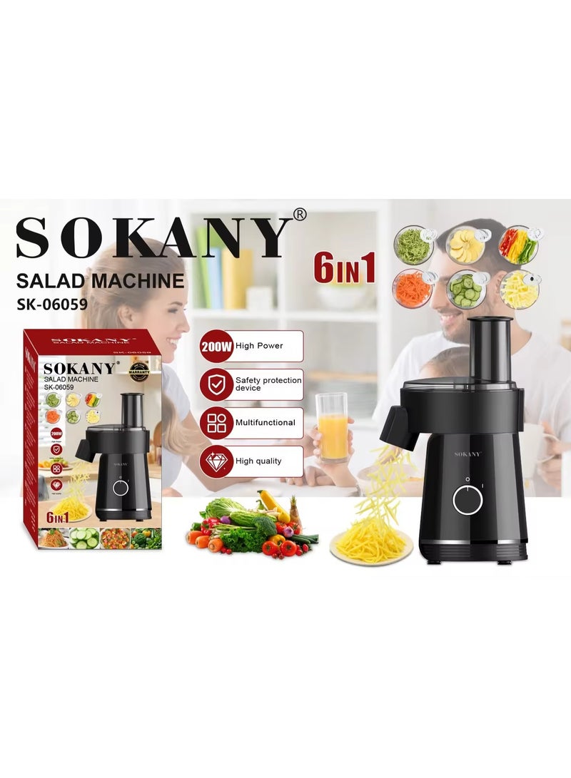 sokany 6-in-1 Electric Salad Machine for Cheeses, Fruits, Vegetables, 200W Power, Anti-Slip Base, Food Pusher Included, Safety Locked Lid - Image 1